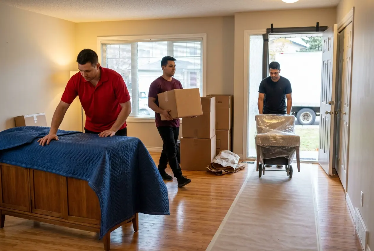 A mover covering a dresser with a moving blanket
