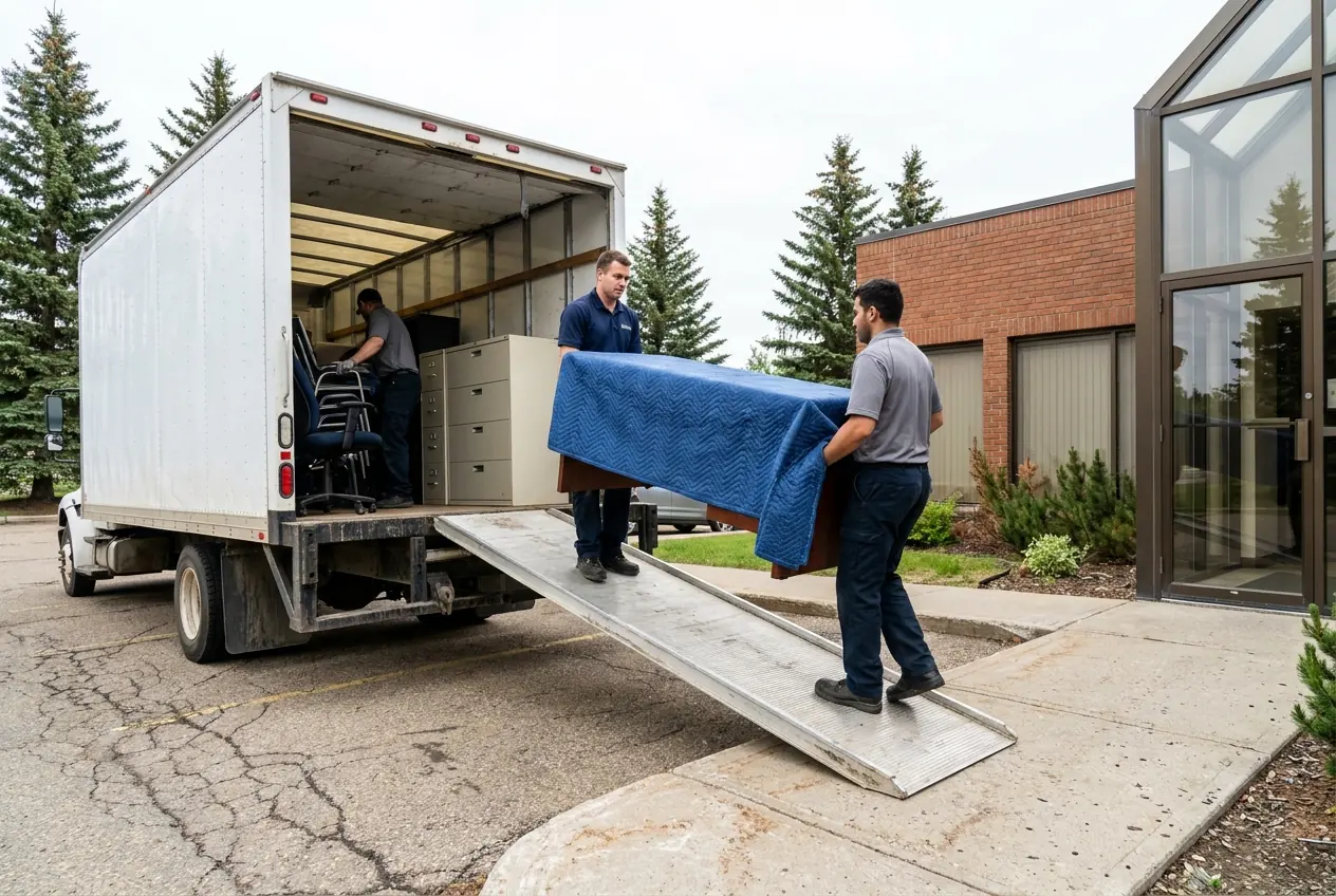 Movers carrying a padded cabinet up a truck ramp outside a business