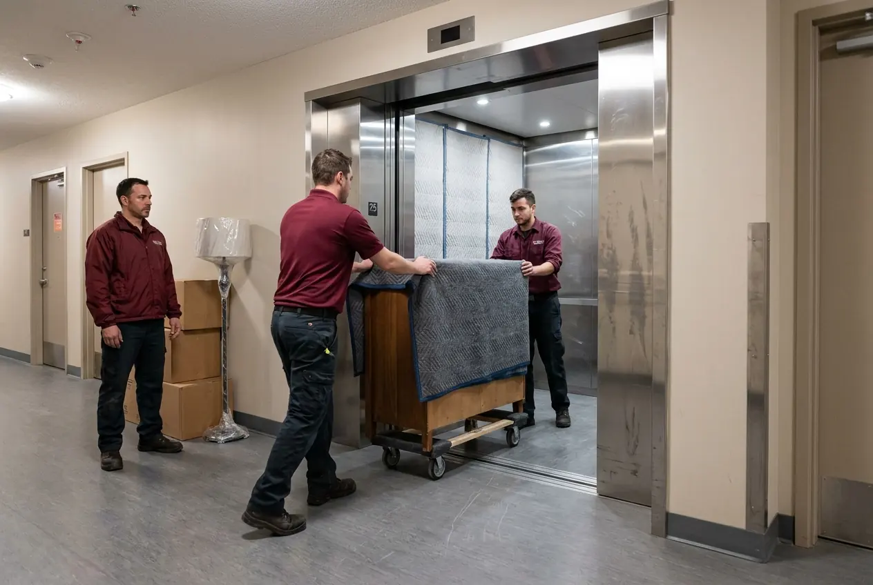 Movers rolling a padded dresser on a dolly into a condo elevator