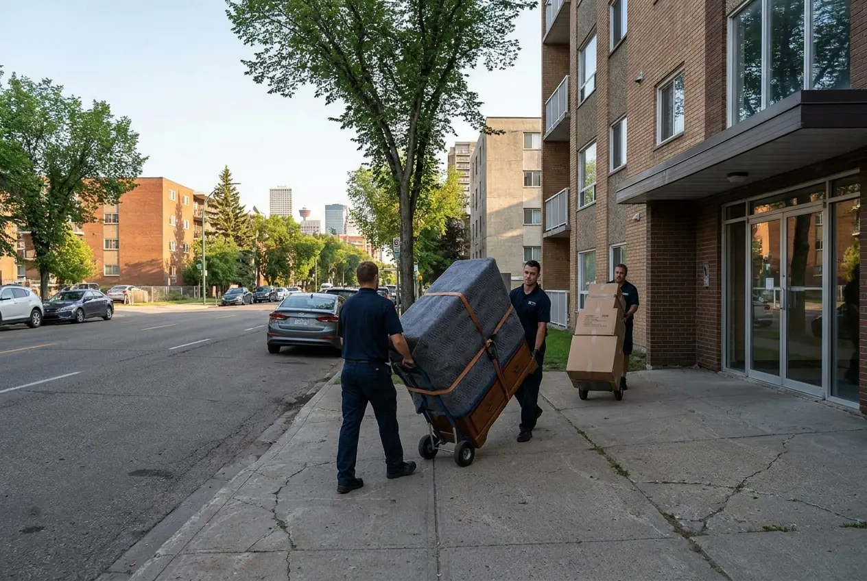 Movers wheeling padded furniture and boxes along a sidewalk outside a condo building