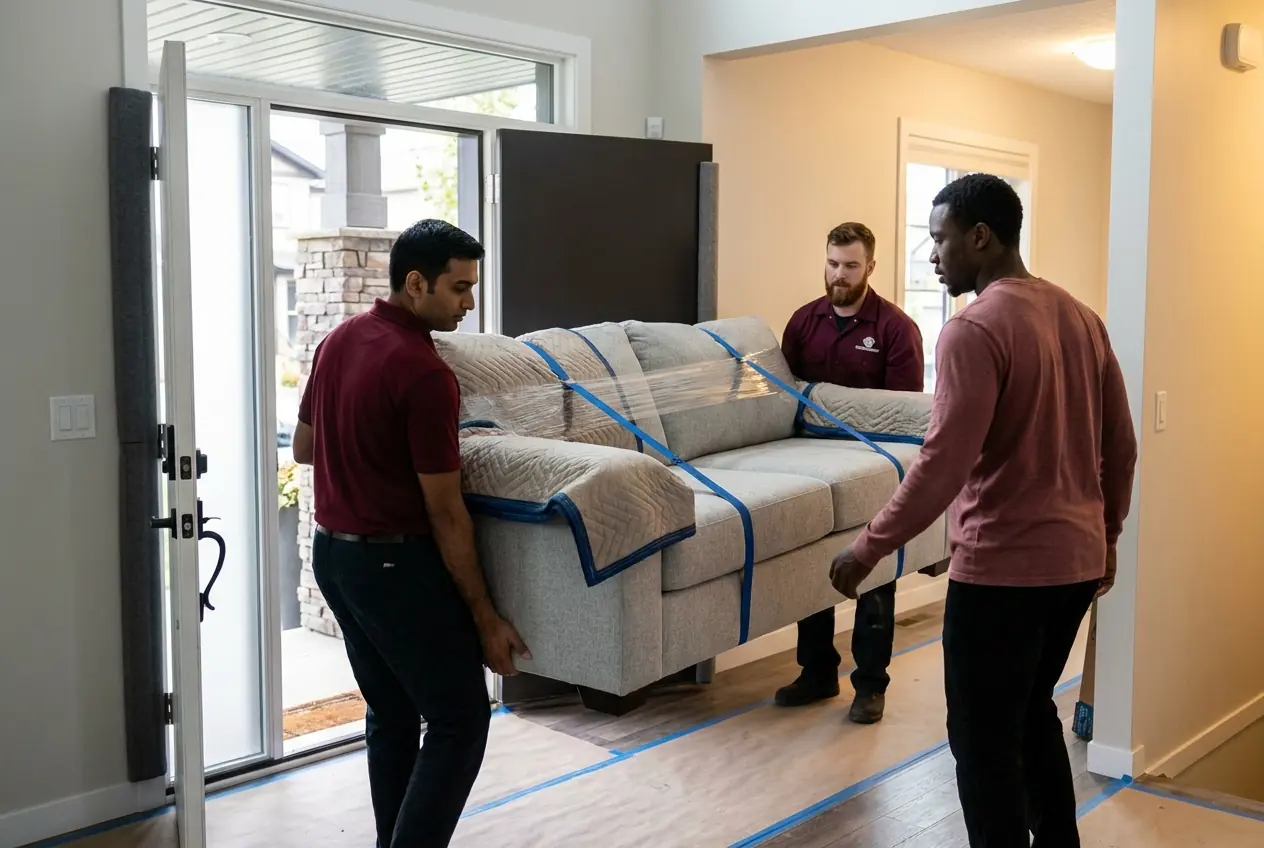Three movers carrying a wrapped sofa out through a patio door, with the floor protected