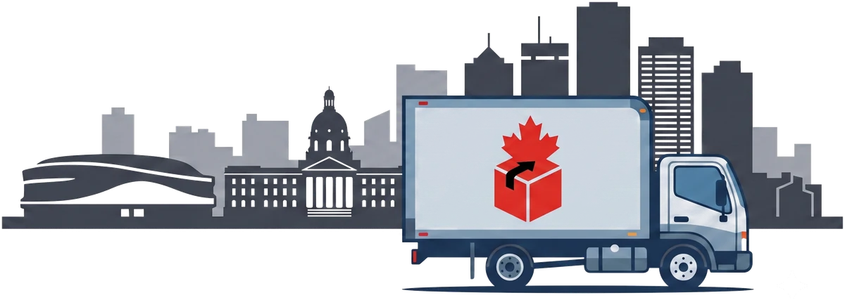Illustration of a Red Leaf Moving truck in front of the Edmonton skyline