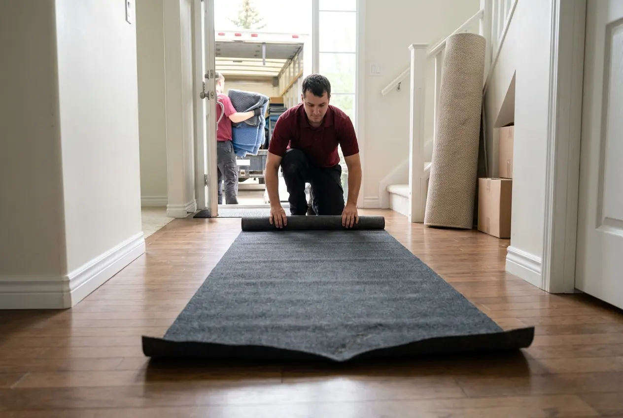 A mover rolling out a floor runner in a front hallway before the crew starts carrying