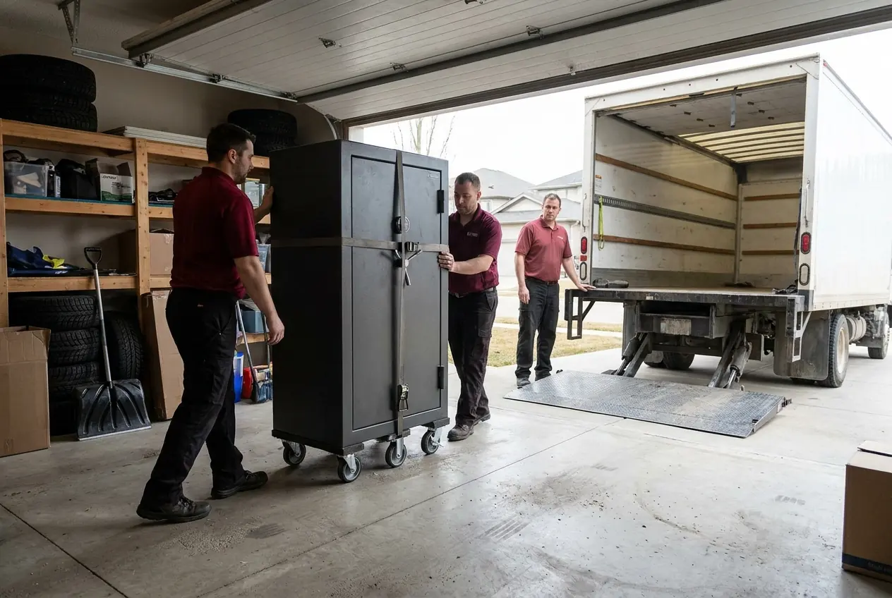 Movers wheeling a tall cabinet out of a garage to the truck