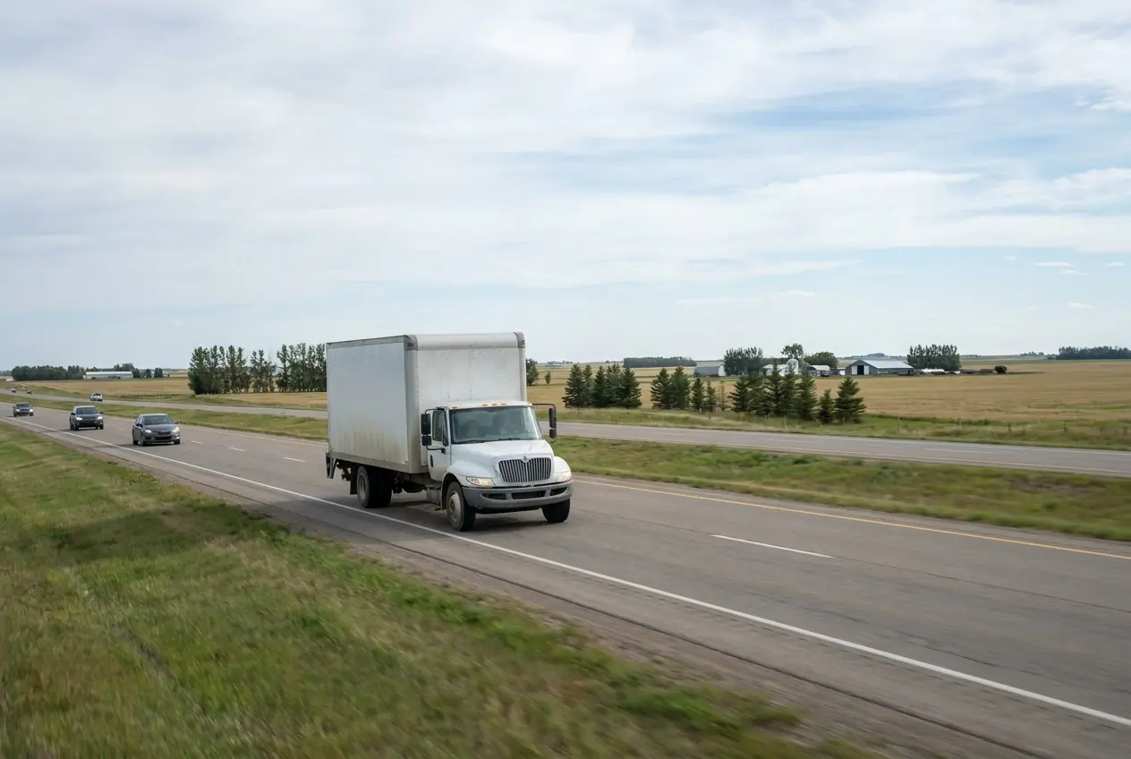 A moving truck on a highway through Alberta farmland
