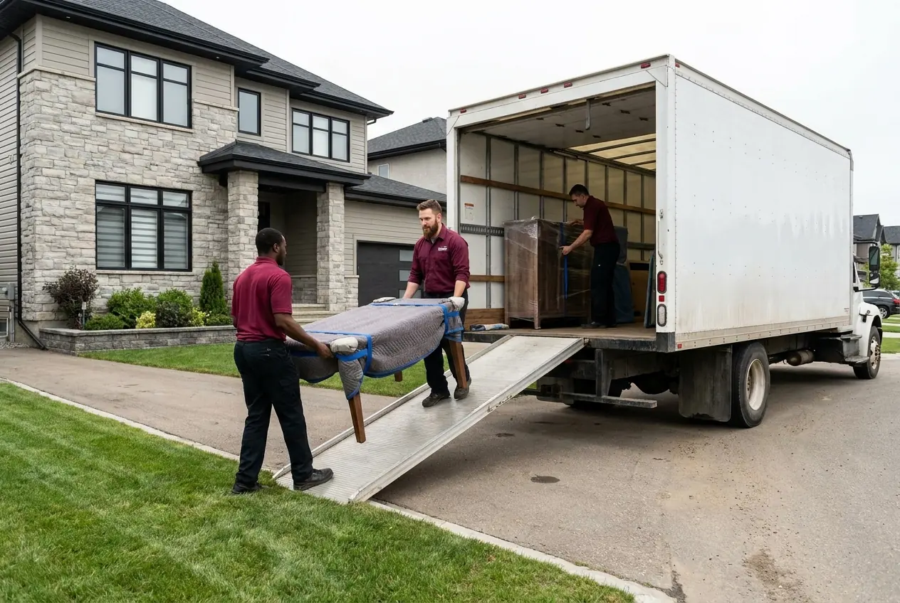 Two movers carrying padded furniture up the ramp into a truck outside a house