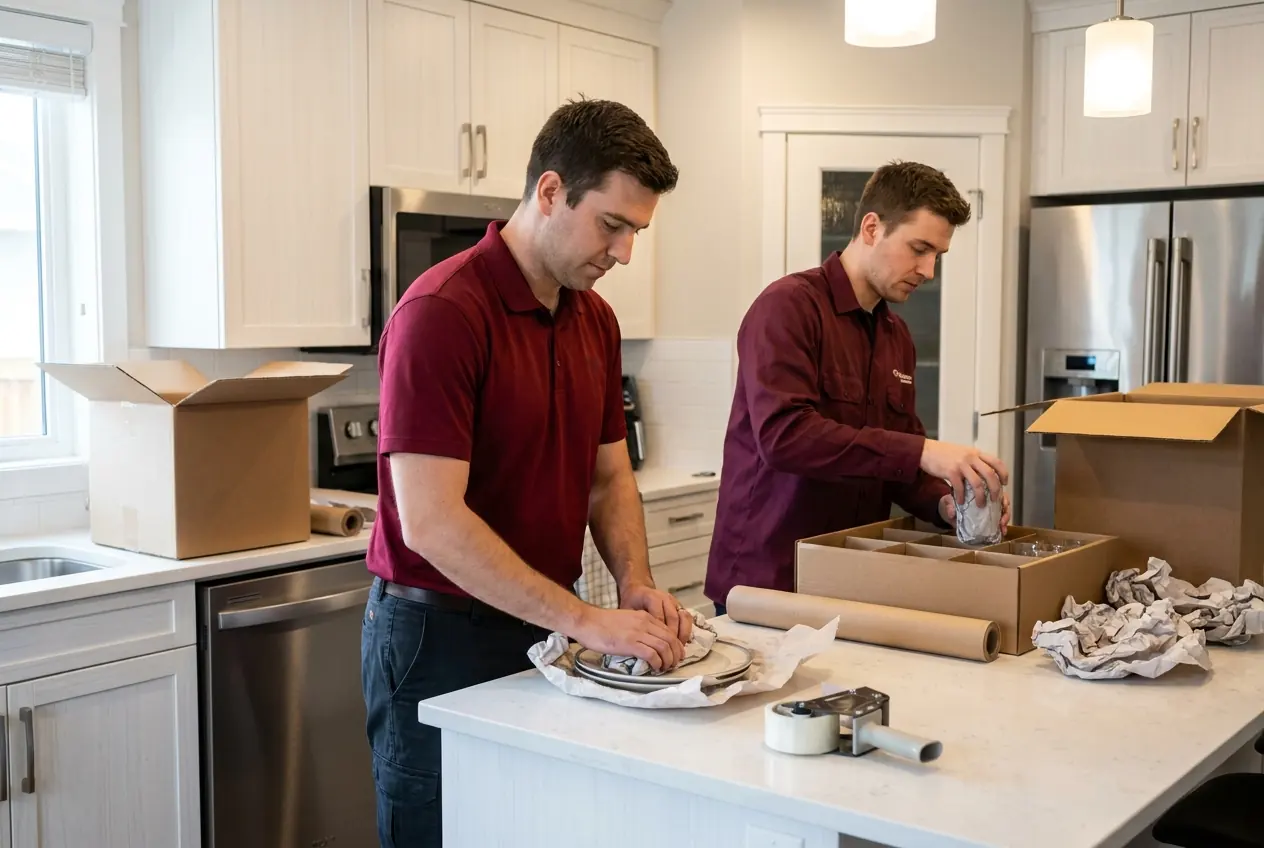 Two movers wrapping dishes in packing paper at a kitchen counter