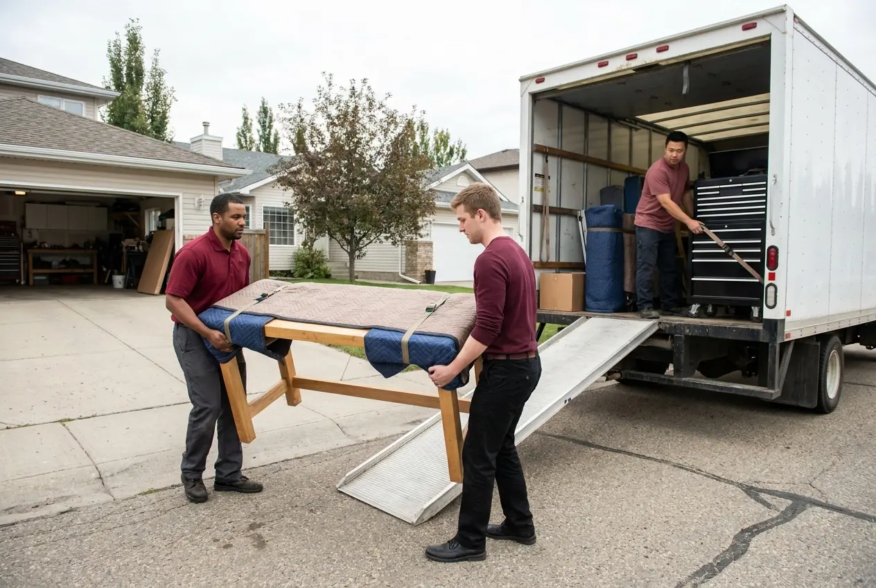 Two movers carrying a padded table up the ramp of a moving truck in a residential driveway