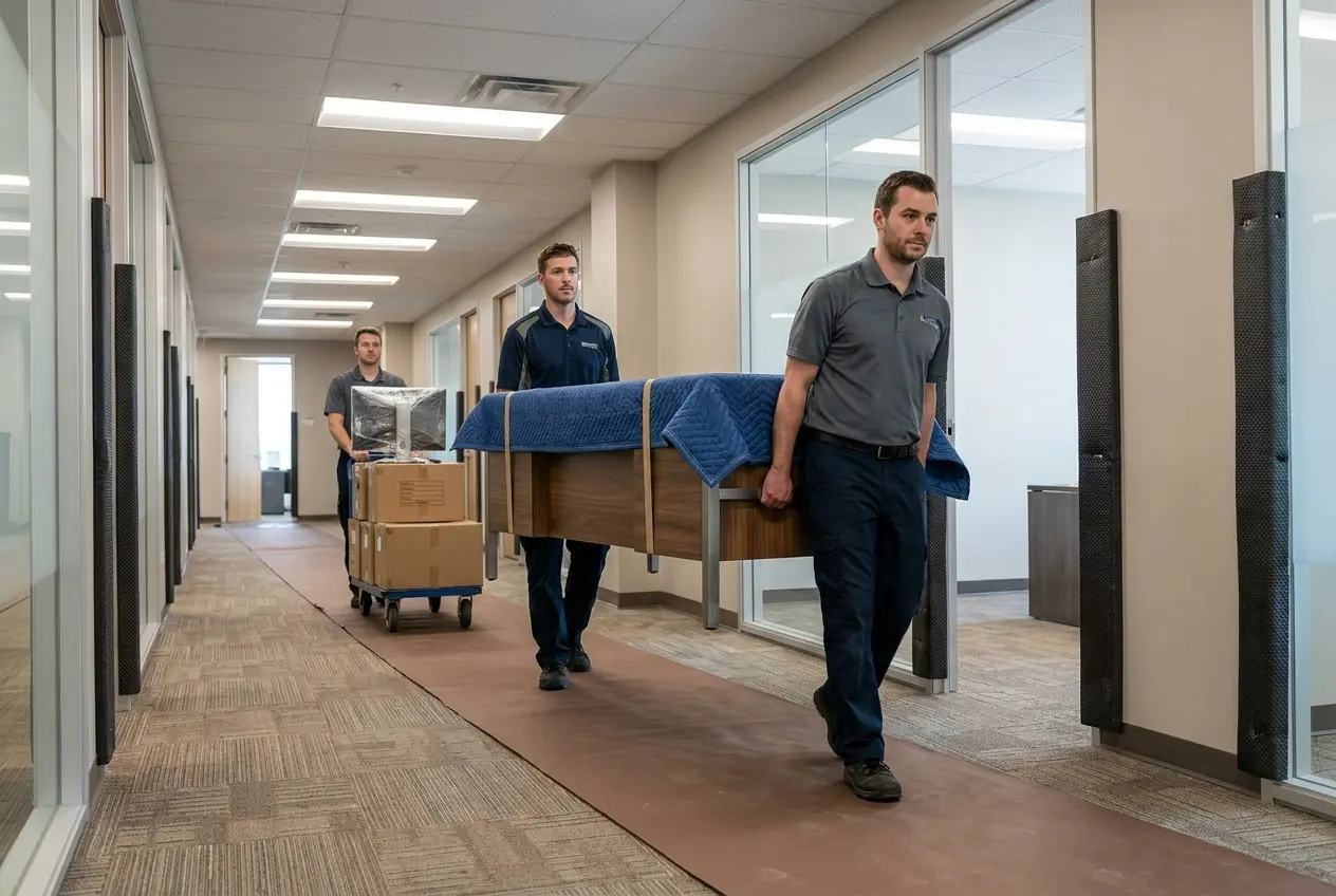 Movers wheeling padded desks and boxed files down an office hallway lined with corner guards