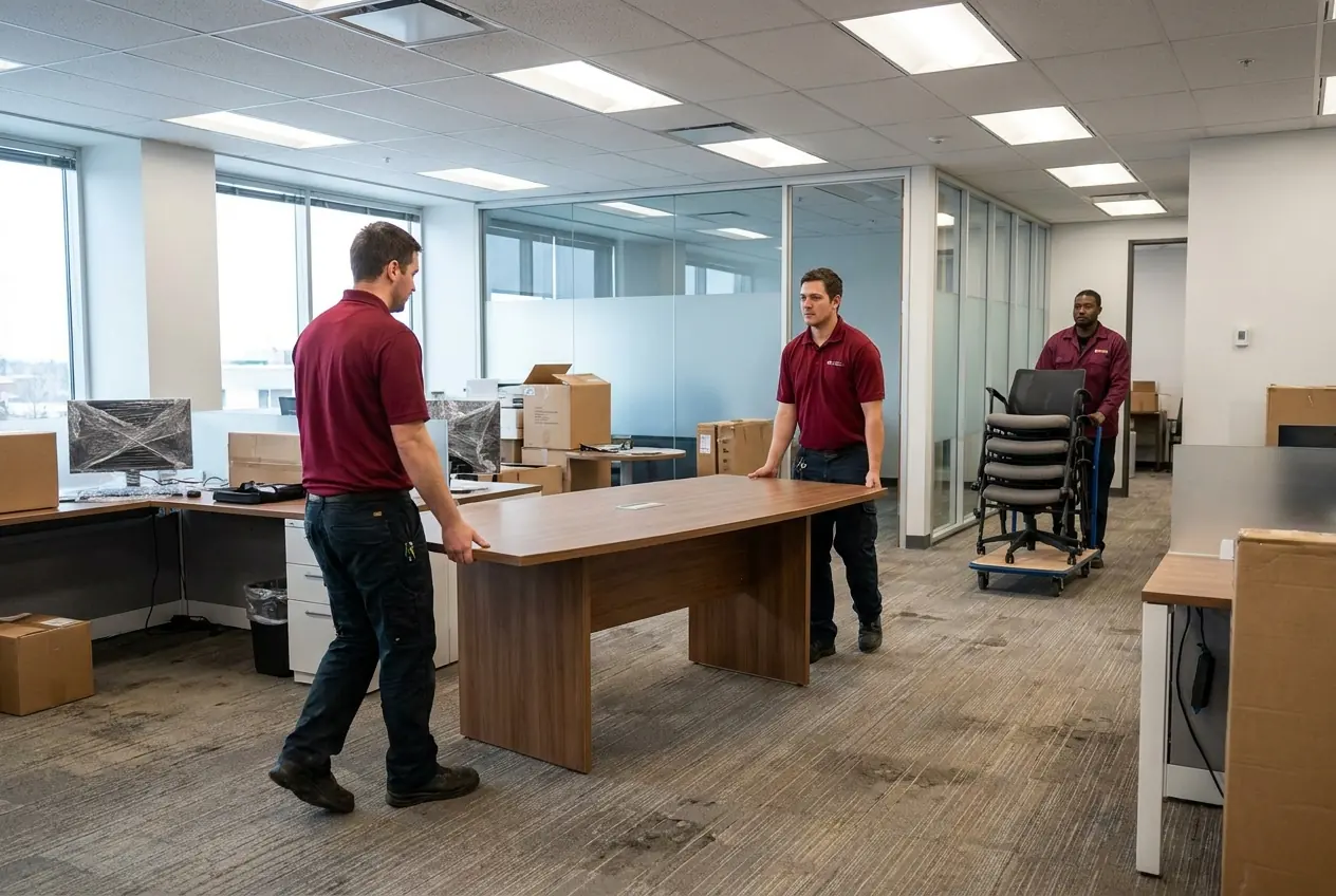 Movers carrying a boardroom table through an office