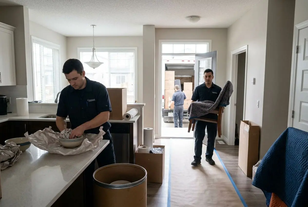 Two movers at work, one wrapping kitchen dishes in packing paper and one carrying a blanket-wrapped chair