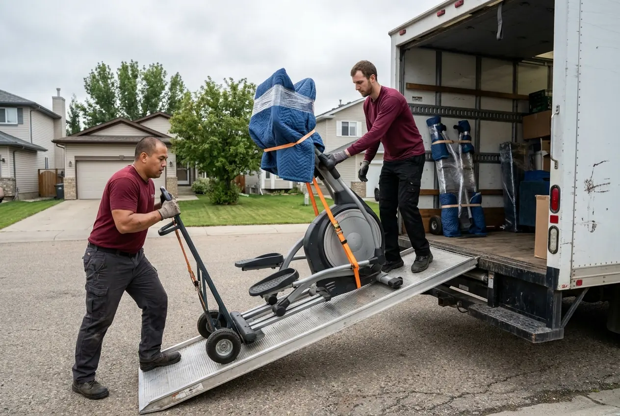 Movers loading strapped exercise equipment up a truck ramp