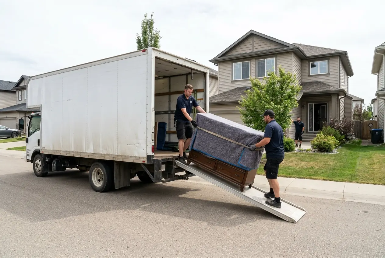 Movers taking a padded dresser up the ramp of a truck parked outside a newer two-storey house