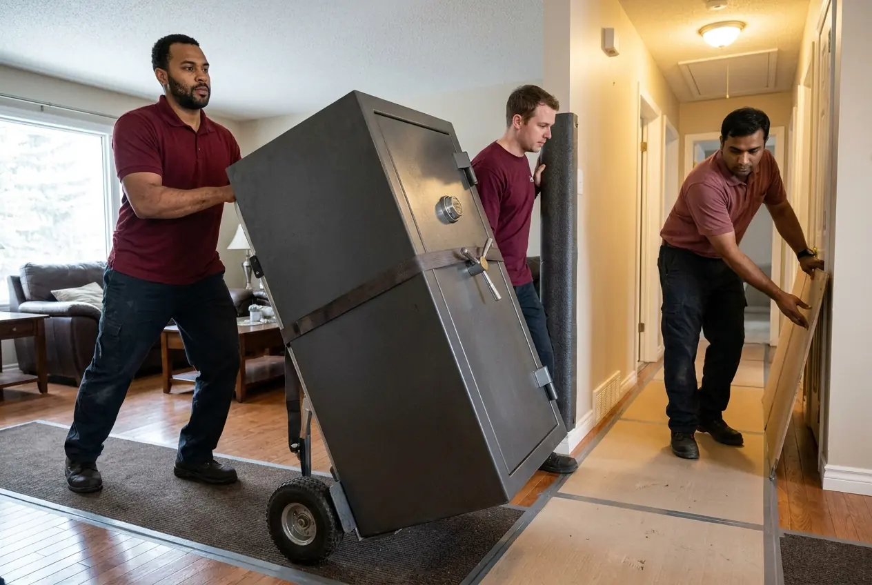 Movers wheeling a heavy safe through a house on a dolly