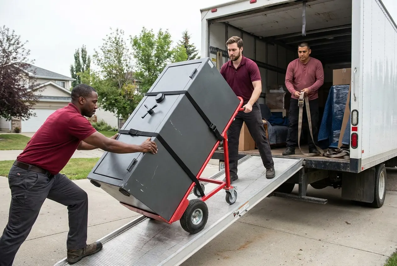 Three movers taking a heavy safe up a truck ramp on a hand truck