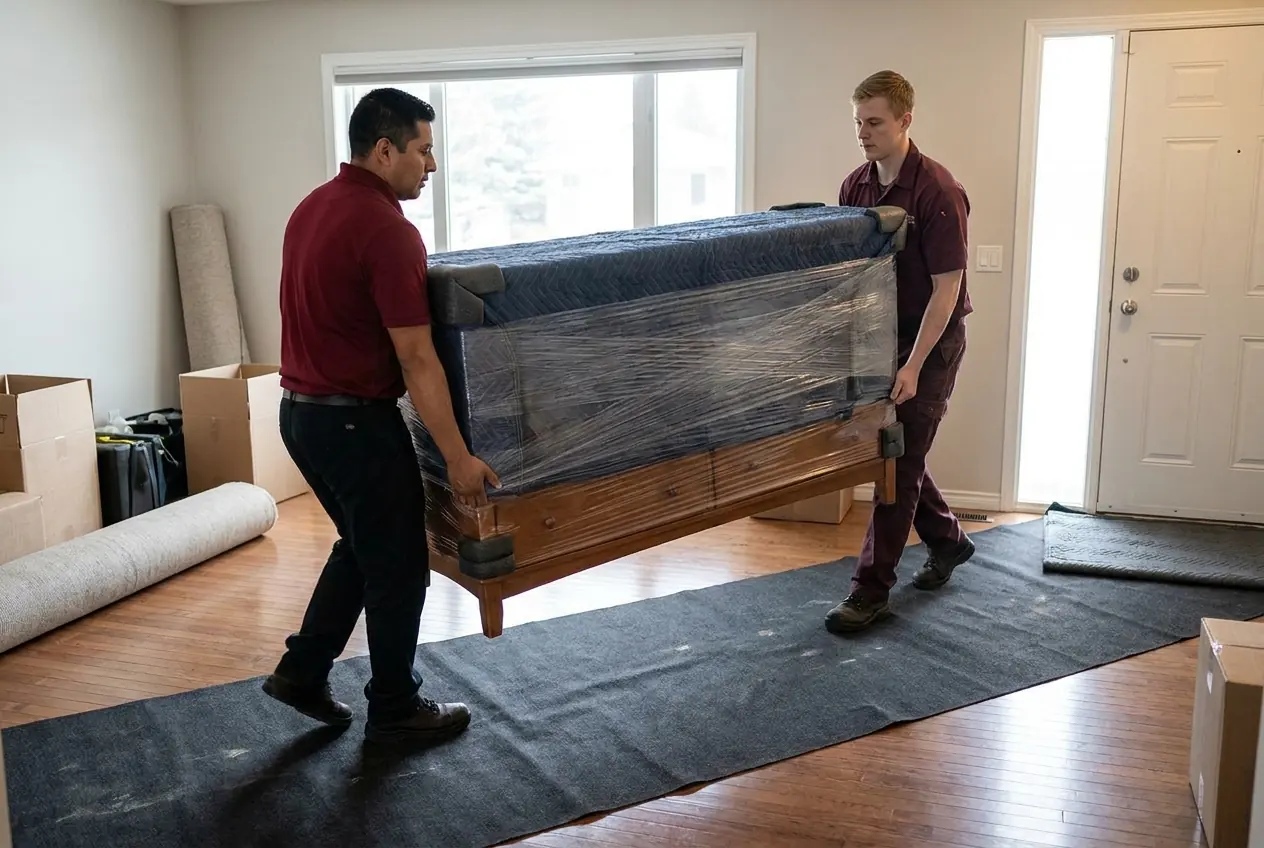 Two movers carrying a shrink-wrapped sofa over a floor runner