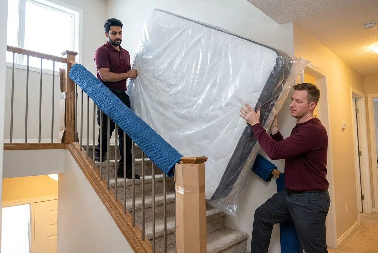 Two movers carrying a wrapped mattress up a staircase with the railing padded