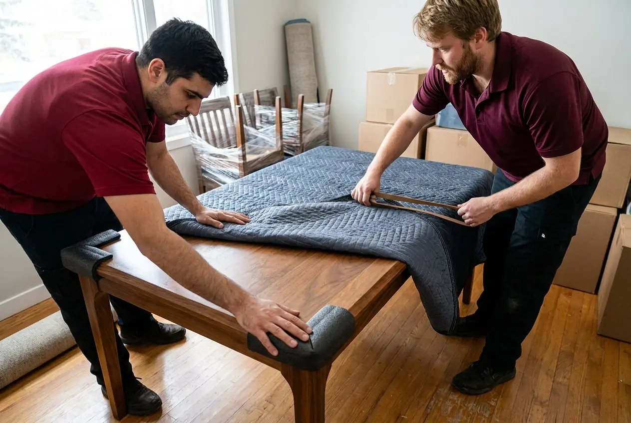 Two movers wrapping a wooden table in a moving blanket with padded corners