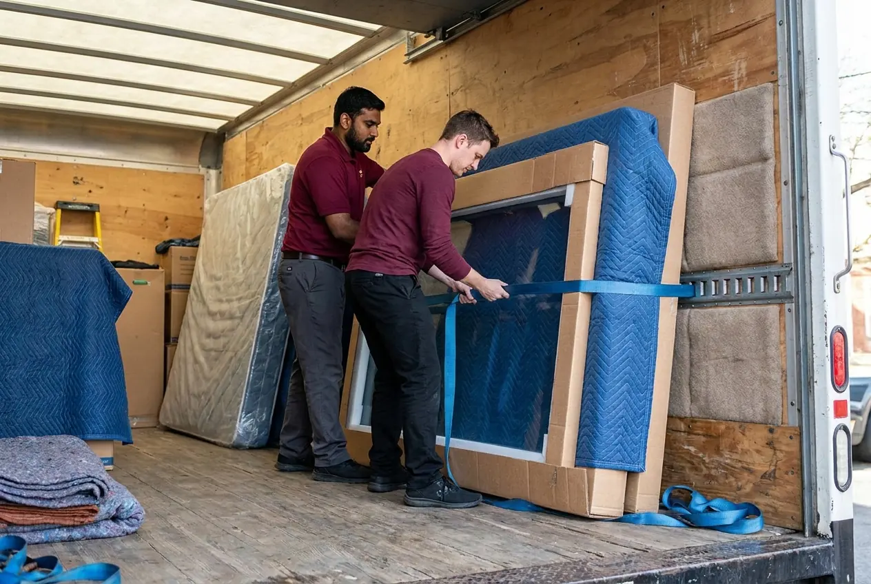 Two movers strapping a blanket-wrapped mirror to the wall of a moving truck