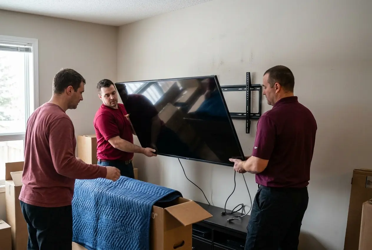 Three movers taking a TV off its wall mount with a moving blanket ready