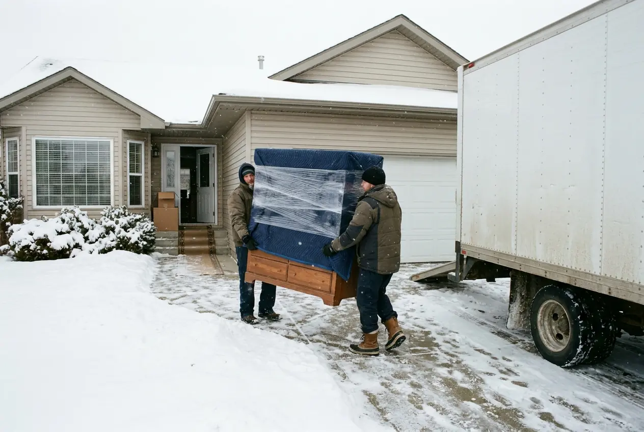 Two movers carrying a wrapped dresser through snow to the truck